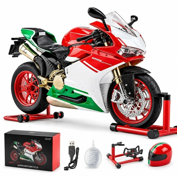 Diecast Ducati Bike Motorcycle Toy 1:9 Scale Model with Sound Effects, LED Lights, Ignition System and Smoke Spray, Model Vehicle Toy Street Machine Alloy Simulation Super Bike