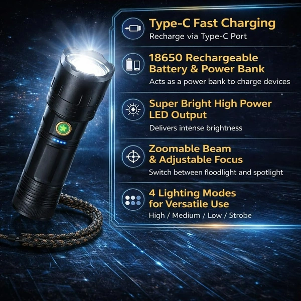 Rechargeable High Power LED Torch Light | Super Bright Zoom Flashlight with 18650 Battery, 4 Modes, USB Charging