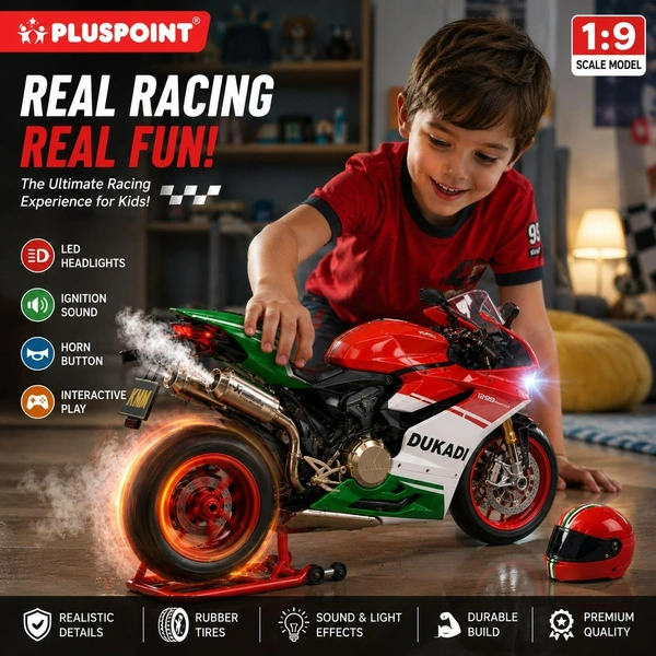 Diecast Ducati Bike Motorcycle Toy 1:9 Scale Model with Sound Effects, LED Lights, Ignition System and Smoke Spray, Model Vehicle Toy Street Machine Alloy Simulation Super Bike
