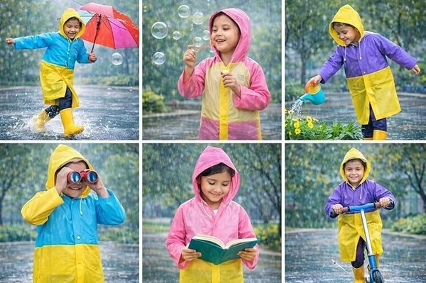 Kids PVC Raincoat with School Bag Cover for Boys & Girls | Lightweight Hooded Long Rainwear with Pockets (Random color) - M, 1