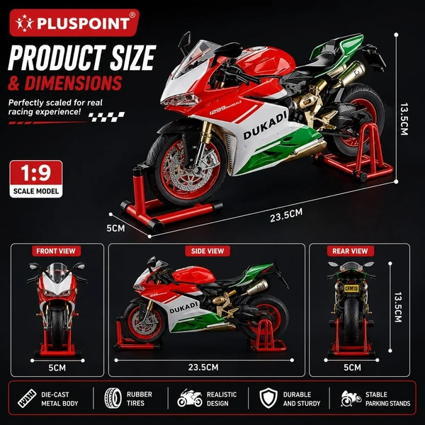 Diecast Ducati Bike Motorcycle Toy 1:9 Scale Model with Sound Effects, LED Lights, Ignition System and Smoke Spray, Model Vehicle Toy Street Machine Alloy Simulation Super Bike