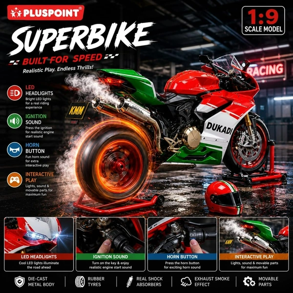Diecast Ducati Bike Motorcycle Toy 1:9 Scale Model with Sound Effects, LED Lights, Ignition System and Smoke Spray, Model Vehicle Toy Street Machine Alloy Simulation Super Bike