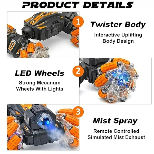 Dual Control Twisting Drift Stunt Mist Car Toy for Kids with Remote Control and Gesture Wrist Controller - Rechargeable 360° Rotating Smoke RC Car Toy with LED Lights, Sound Effects - Green - Orange