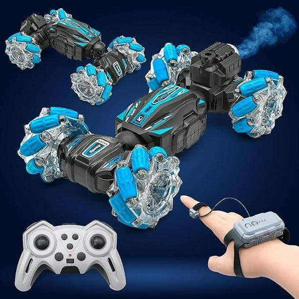 Dual Control Twisting Drift Stunt Mist Car Toy for Kids with Remote Control and Gesture Wrist Controller - Rechargeable 360° Rotating Smoke RC Car Toy with LED Lights, Sound Effects - Green - Blue