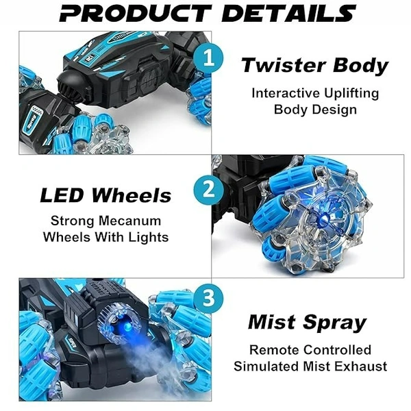 Dual Control Twisting Drift Stunt Mist Car Toy for Kids with Remote Control and Gesture Wrist Controller - Rechargeable 360° Rotating Smoke RC Car Toy with LED Lights, Sound Effects - Green - Blue