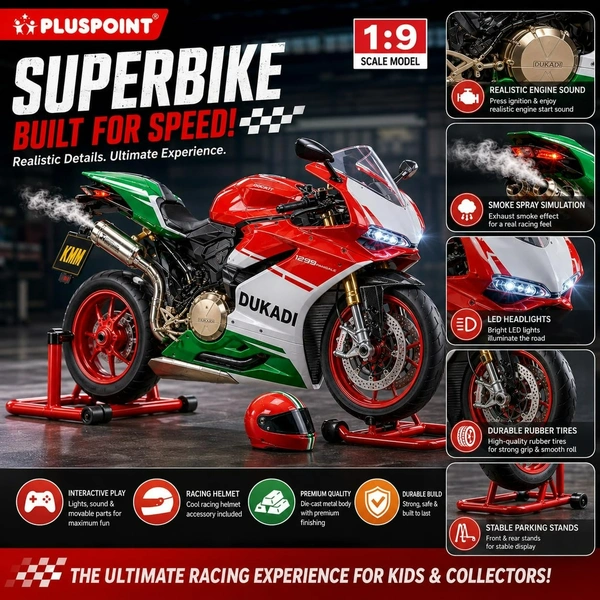 Diecast Ducati Bike Motorcycle Toy 1:9 Scale Model with Sound Effects, LED Lights, Ignition System and Smoke Spray, Model Vehicle Toy Street Machine Alloy Simulation Super Bike