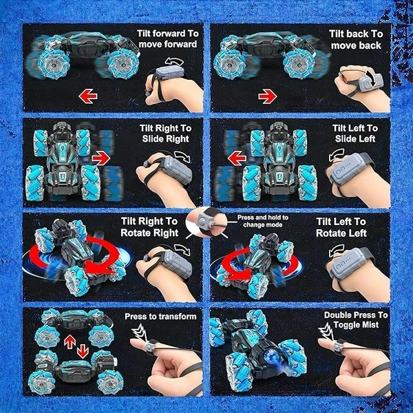 Dual Control Twisting Drift Stunt Mist Car Toy for Kids with Remote Control and Gesture Wrist Controller - Rechargeable 360° Rotating Smoke RC Car Toy with LED Lights, Sound Effects - Green - Blue