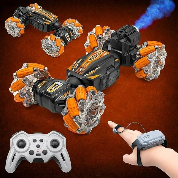 Dual Control Twisting Drift Stunt Mist Car Toy for Kids with Remote Control and Gesture Wrist Controller - Rechargeable 360° Rotating Smoke RC Car Toy with LED Lights, Sound Effects - Green - Orange