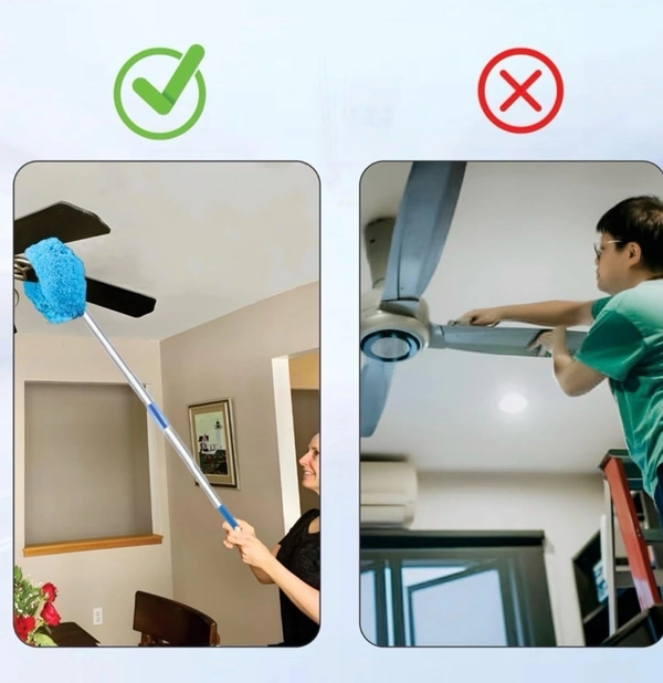 Microfiber Fan Duster with Telescopic Handle – Flexible Foldable Cleaning Brush for Ceiling Fans, Walls, Lights, and High Surfaces – Long Rod Dust Remover for Home, Kitchen, and Car – Blue