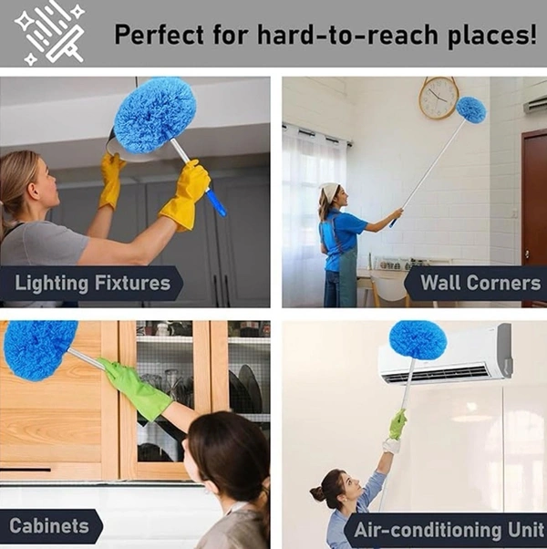 Microfiber Fan Duster with Telescopic Handle – Flexible Foldable Cleaning Brush for Ceiling Fans, Walls, Lights, and High Surfaces – Long Rod Dust Remover for Home, Kitchen, and Car – Blue