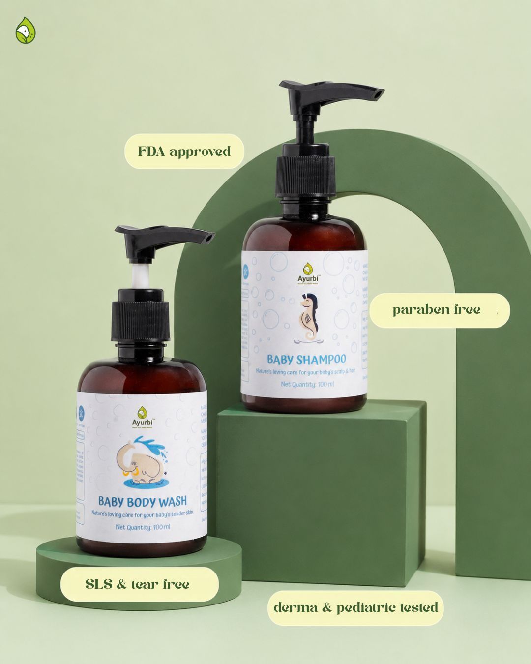 Ayurbi range — FDA approved, paraben free, SLS & tear free, dermatologically & pediatrician tested