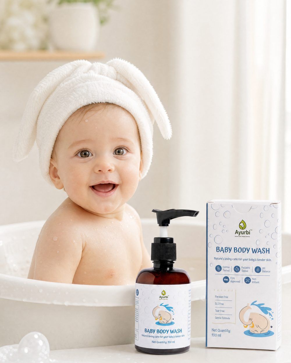 A happy baby after an Ayurbi bath
