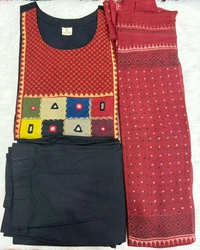 Black Kurta Set with Patchwork Print Dupatta - L