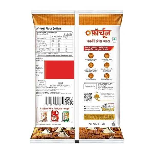 Fortune Chakki Fresh Atta, 5 kg, 100% Atta 0% Maida - 5 Kg