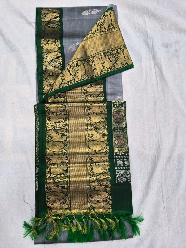 Exquisite Handloom Kanchipuram Pure Pattu |Silver Grey & Forest Green