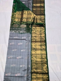 Exquisite Handloom Kanchipuram Pure Pattu |Silver Grey & Forest Green