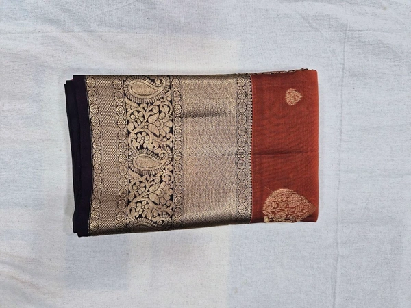 Regal Rust-Orange and Black Pure Handloom Kanchipuram Silk Saree