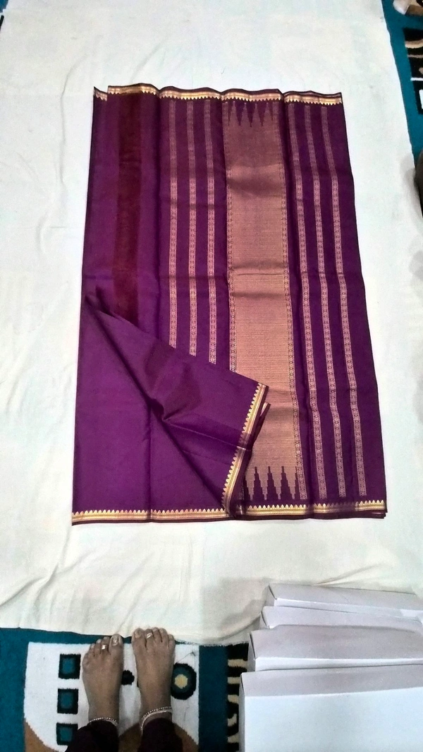 Elegant Wine-Purple Kanchipuram Silk Saree with Temple Border