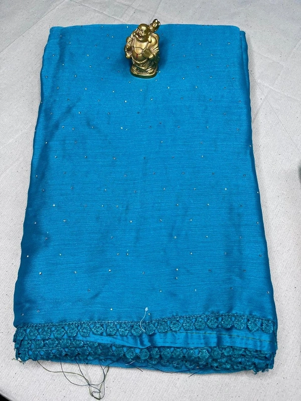 Turquoise Blue Silk Saree with Pink Flamingo Embroidered Blouse Piece - Turquoise Blue