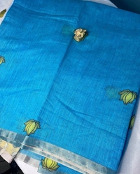 Sky Blue & Mustard Yellow Linen Saree with Hand-Painted Floral Print - Blue, Red, Black