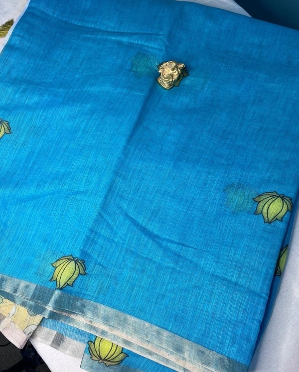 Sky Blue & Mustard Yellow Linen Saree with Hand-Painted Floral Print - Blue, Red, Black