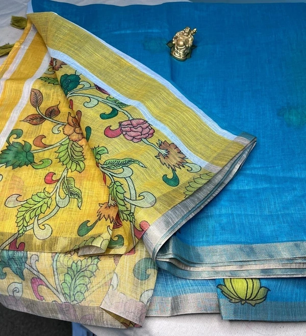 Sky Blue & Mustard Yellow Linen Saree with Hand-Painted Floral Print - Blue, Red, Black