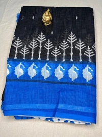 Sky Blue & Mustard Yellow Linen Saree with Hand-Painted Floral Print - Blue, Red, Black