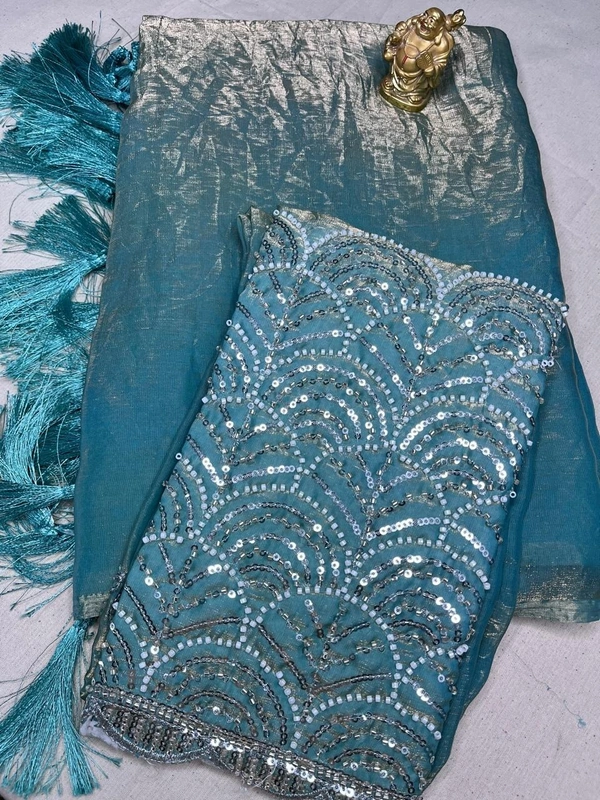 💎Aqua Blue Shimmer Saree with Sequin Embroidered Blouse - Royal Purple, Aqua Blue