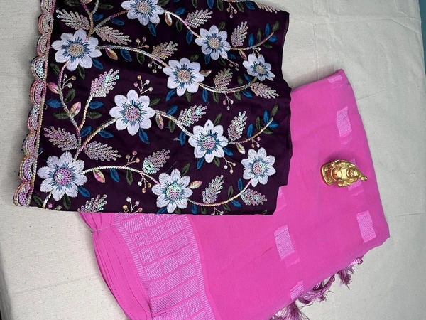 Magenta Saree with Deep Purple Embroidered Blouse - Deep Purple, Sky Blue