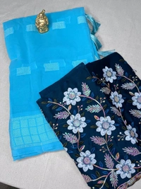 Magenta Saree with Deep Purple Embroidered Blouse - Deep Purple, Sky Blue