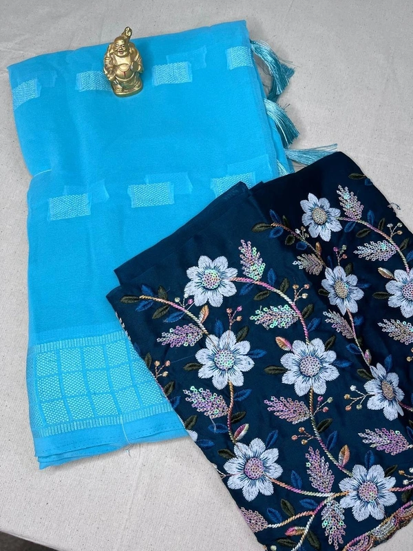 Magenta Saree with Deep Purple Embroidered Blouse - Deep Purple, Sky Blue