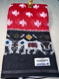 Sky Blue & Mustard Yellow Linen Saree with Hand-Painted Floral Print - Blue, Red, Black