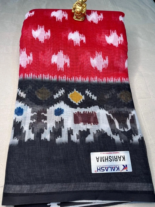 Sky Blue & Mustard Yellow Linen Saree with Hand-Painted Floral Print - Blue, Red, Black