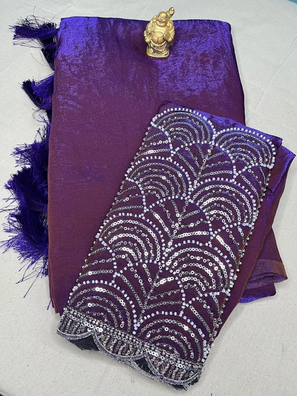 💎Aqua Blue Shimmer Saree with Sequin Embroidered Blouse - Royal Purple, Aqua Blue