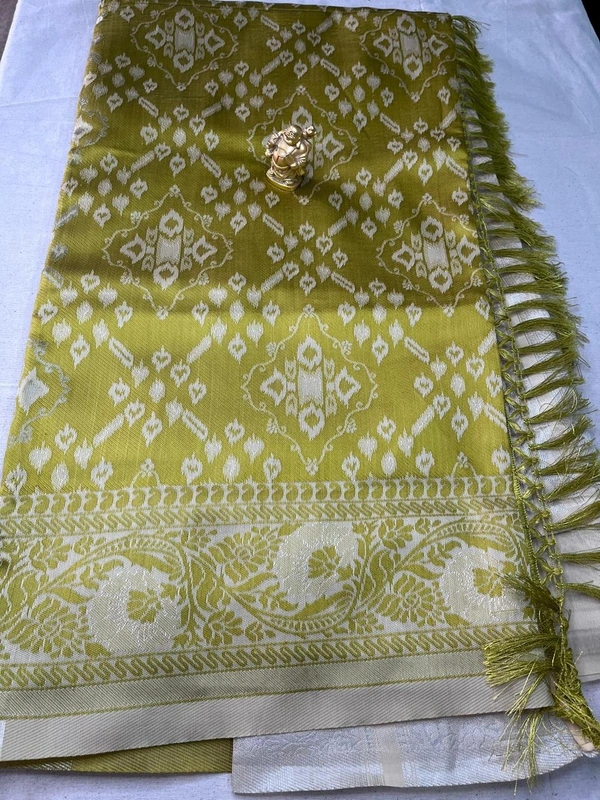 Olive Green Ikat Silk Saree with Silver Zari Pallu - Olive Green
