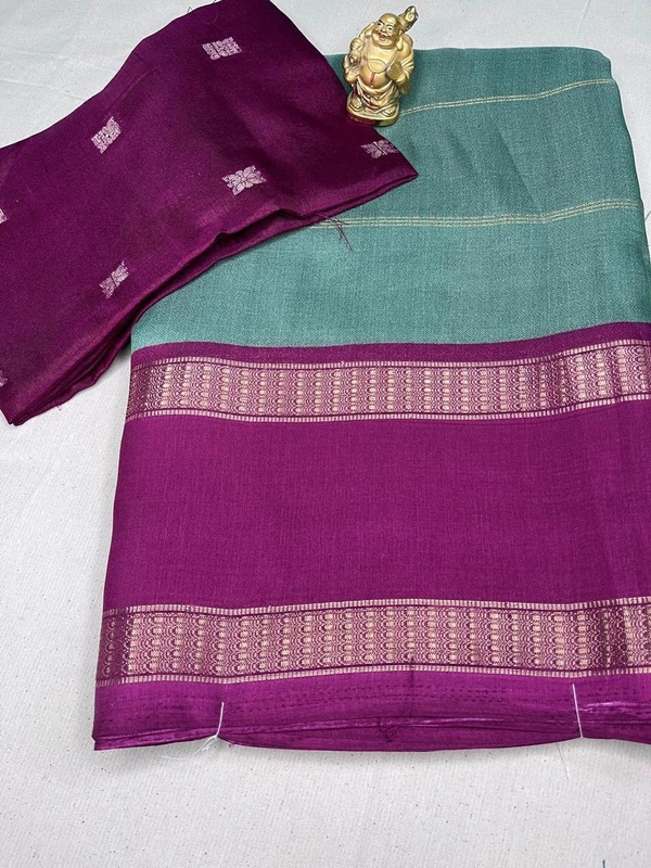 💜 Sea Green & Wine Purple Handloom Saree with Zari Border - Sea Green