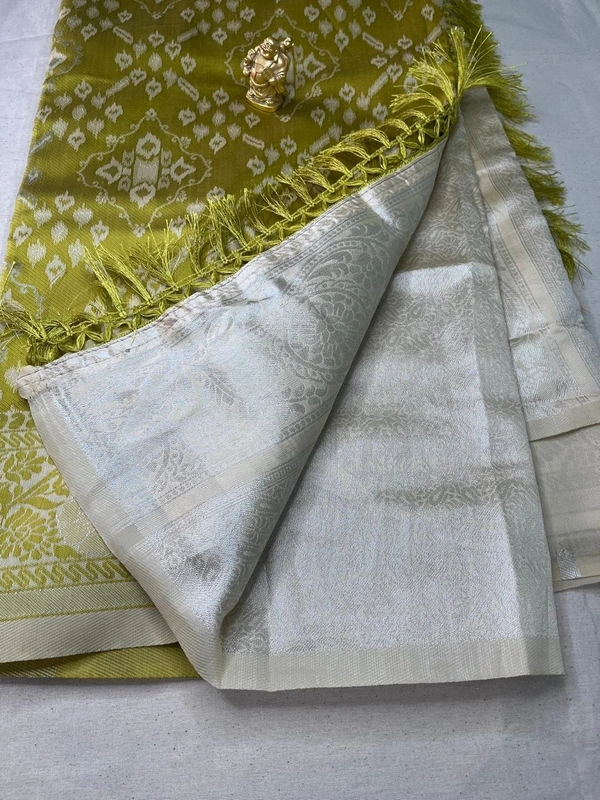 Olive Green Ikat Silk Saree with Silver Zari Pallu - Olive Green