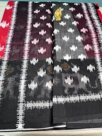 Sky Blue & Mustard Yellow Linen Saree with Hand-Painted Floral Print - Blue, Red, Black