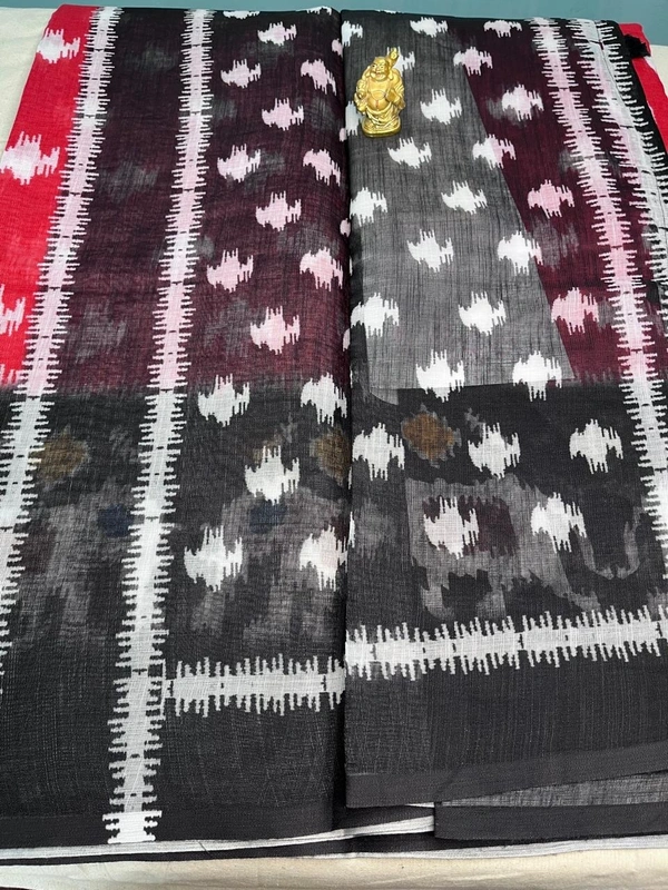 Sky Blue & Mustard Yellow Linen Saree with Hand-Painted Floral Print - Blue, Red, Black