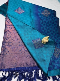 💙 Teal Blue Silk Saree with Royal Purple Zari Pallu - Teal Blue