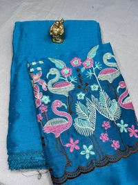 Turquoise Blue Silk Saree with Pink Flamingo Embroidered Blouse Piece - Turquoise Blue