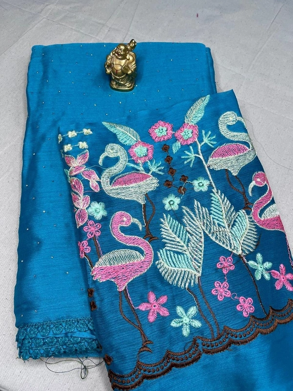 Turquoise Blue Silk Saree with Pink Flamingo Embroidered Blouse Piece - Turquoise Blue