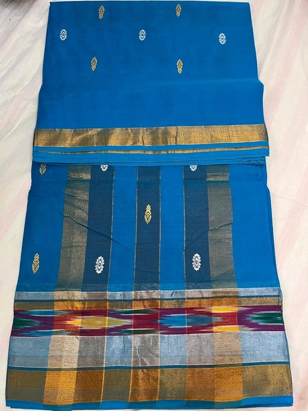 💙 Venkatagiri Cotton Saree – Sky Blue Elegance (Pochampally design) - Free Size, Sky Blue