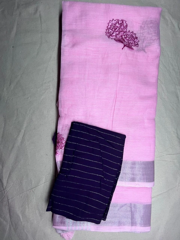 💗 Soft Lenin Cotton Saree with Embroidery – Elegant Everyday Style - light rose