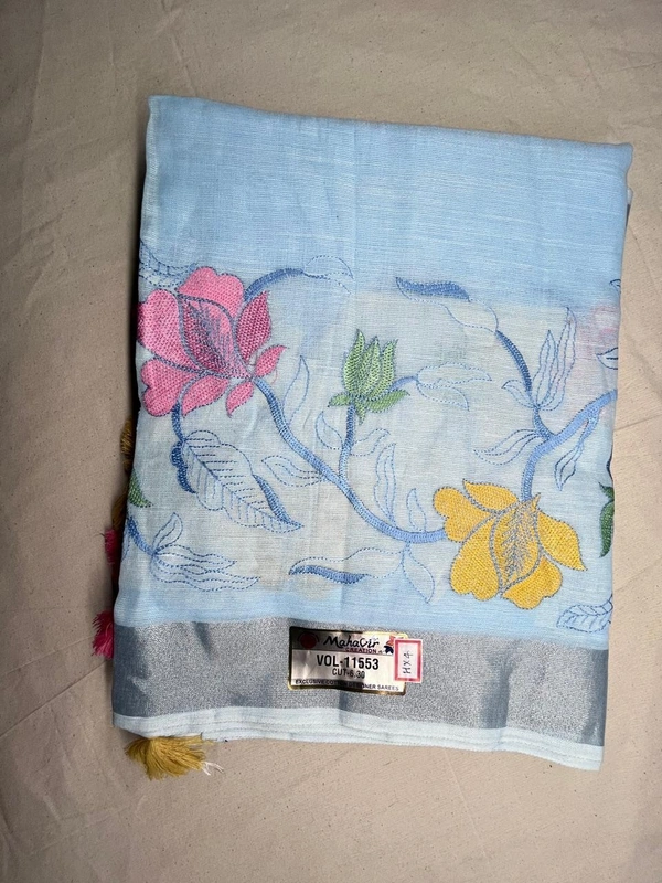 Cotton lenin Embroidery Saree – Elegant Floral Charm - Pastel Sky Blue