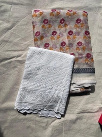 🌸 Soft Synthetic Printed Saree with Embroidered Blouse – Lightweight & Elegant - White , light red