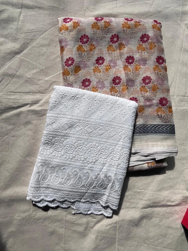 🌸 Soft Synthetic Printed Saree with Embroidered Blouse – Lightweight & Elegant - White , light red