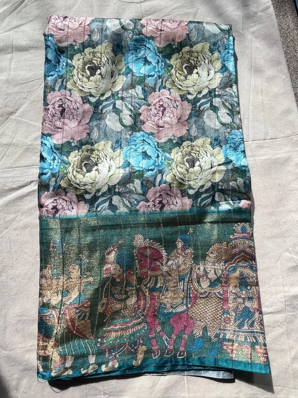   🌸Semi Linen Digital Print Saree with Traditional Pallu - light green