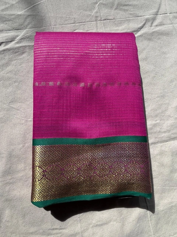 💕 Soft Semi pattu Blend Saree – Magenta with Green Zari Border - light pink