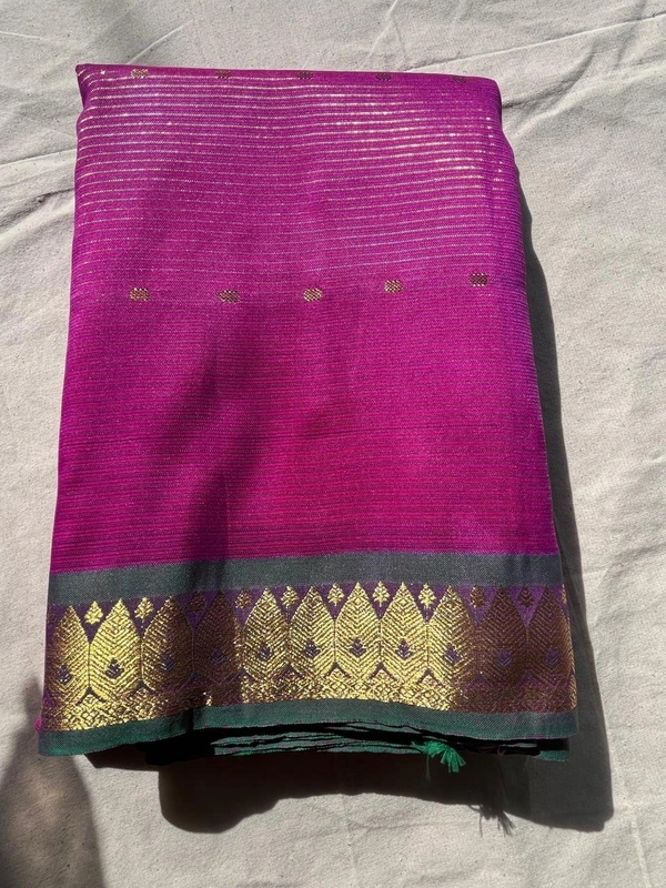 💕 Soft Semi pattu Blend Saree – Magenta with Green Zari Border - light pink